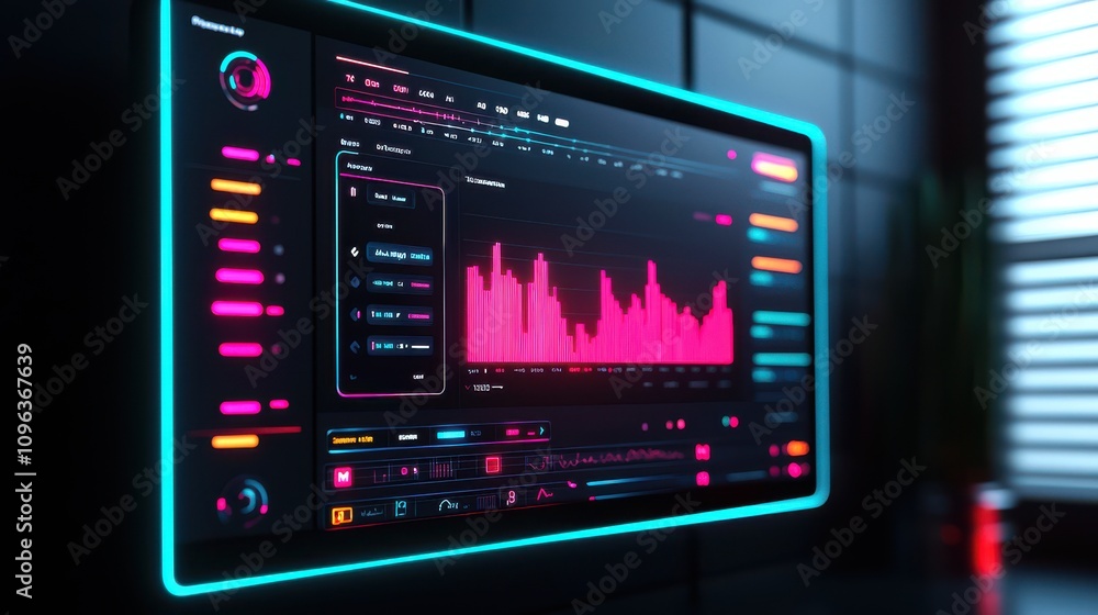 Poster a vibrant, futuristic digital interface displays audio waveforms and controls, highlighting a sleek 