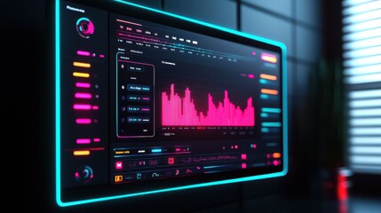 A vibrant, futuristic digital interface displays audio waveforms and controls, highlighting a sleek design with neon accents.