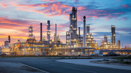 massive oil refinery plant illuminated at sunset, showcasing intricate structures and vibrant colors in sky. scene evokes sense of industrial beauty and energy