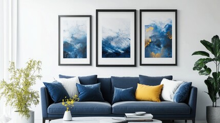 Modern living room featuring a decorative blue frame set with three abstract artwork pieces against a clean white wall, complemented by a stylish blue sofa and green plants.