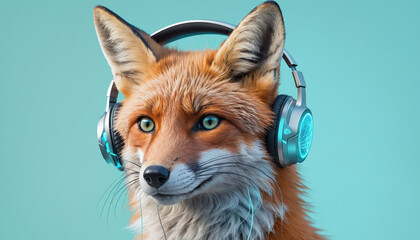  A fox wearing a sleek pastel-grey headset with glowing blue circuits running along its fur.