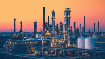 Obraz premium vast refinery with fuel processing towers illuminated at sunset, showcasing industrial structures against colorful sky