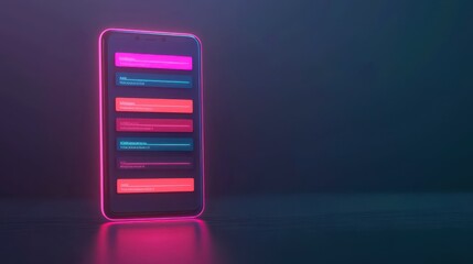 A neon-lit smartphone displays colorful notifications against a dark background, emphasizing modern digital communication.