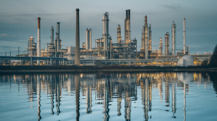 Oil refinery plant reflected on water at dusk, showcasing industrial architecture and lighting. serene reflection contrasts with bustling energy of facility