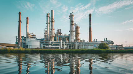 Obraz premium serene yet industrial setting of oil refinery reflecting on water