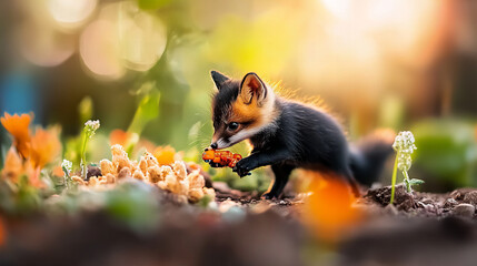 Banner portrays playful fox exploring vibrant garden surrounded autumn hues soft glowing afternoon light