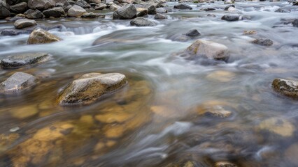 Obraz premium tranquil river stream with rocks and clear water reflecting serene natural beauty, peaceful and calming landscape, perfect nature photography setting