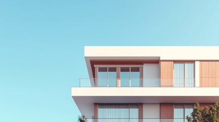 This is an illustration depicting a modern residential building featuring stylish balconies, set against a bright, clear blue sky, making it an ideal choice for various design projects and concepts