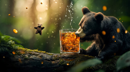 A banner showcasing a playful bear interacting with a drink full of splashes against a vibrant green forest background