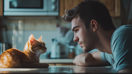 Banner featuring cat staring at man with warm kitchen background illuminated by sunlight shining through windows brightly