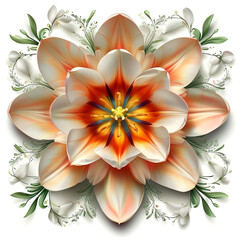 Vibrant floral design with intricate petals and delicate leaves in soft hues