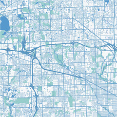 Map of Farmington Hills in Michigan in a professional blue style. Contains layered vector with roads water, parks, etc.