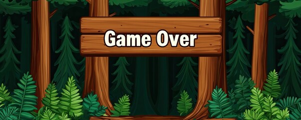 A wooden sign in a forest displays "Game Over," surrounded by green foliage, conveying a sense of completion in a gaming context.