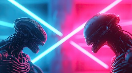 Two futuristic, robotic beings face each other, illuminated by vibrant blue and pink neon lights, creating a dramatic and tense atmosphere.