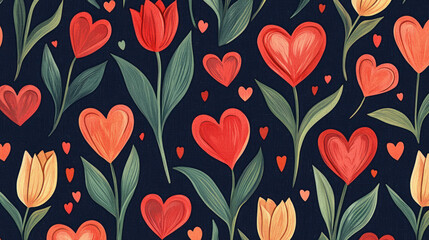 Vintage Retro Pattern Featuring Hearts and Tulips Inspired by 1950s Design with Vibrant Colors on Dark Background, Ideal for Crafting, Textiles, and Home Decor