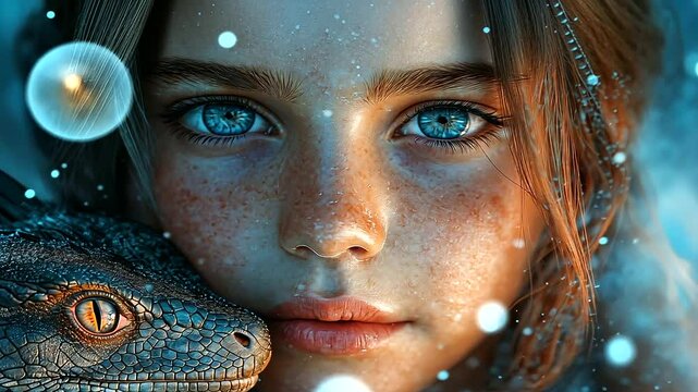 A detailed photorealistic portrait of a 10-year-old girl with light brown hair and bright blue eyes, holding a small dragon. Her eyes are filled with wonder as the dragon curls aro