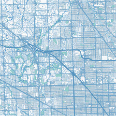 Map of Southfield in Michigan in a professional blue style. Contains layered vector with roads water, parks, etc.