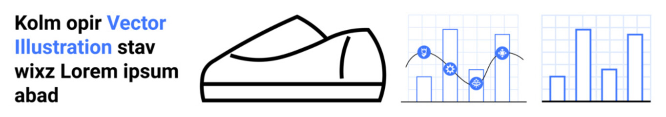 Line graph, bar graph, and a minimalist sneaker drawing highlighting market trends and sales performance. Ideal for business analysis, data visualization, footwear industry, modern design, analytics
