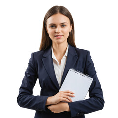 A young confident businesswoman posing with a notebook on a transparent background PNG 