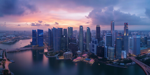 Fototapeta premium Modern City Skyline with Office Buildings and Drone View at Sunset