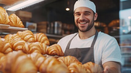 A baker proudly displays fresh croissants in a bakery.