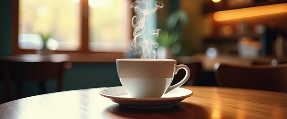 Coffee cup with steam rising on a wooden table in a cozy café setting with copy space for café promotions or morning event invitations.