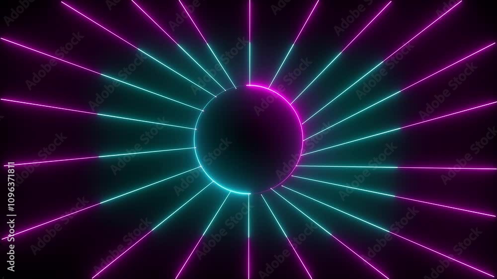 Poster background with neon glowing circles and line, various collar circle spiral tunnel laser beam vj loo