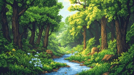Pixel art nature illustration of a lush forest with pixel trees, a flowing river, and tiny animals nestled in the scene.