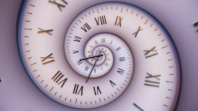 Abstract modern white spiral clock dial with arabic numerals. Concept of Infinite time, deadline, scheduling, time and space, past, present and future.
