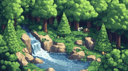 Pixel art nature illustration of a lush forest with pixel trees, a flowing river, and tiny animals nestled in the scene.