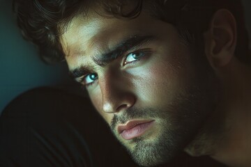 Young Man Leaning Against Wall with Pensive Expression