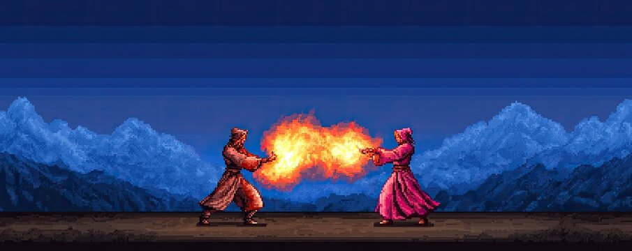Two fighters stand opposite each other, conjuring fire in a dramatic, pixel-art battle set against a mountain backdrop.
