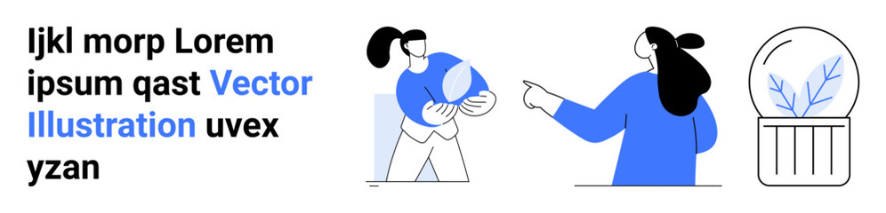 Two colleagues interacting, one holding a ball and the other pointing. Background text placeholder with a plant globe on the side. Ideal for business presentations, teamwork, communications, office