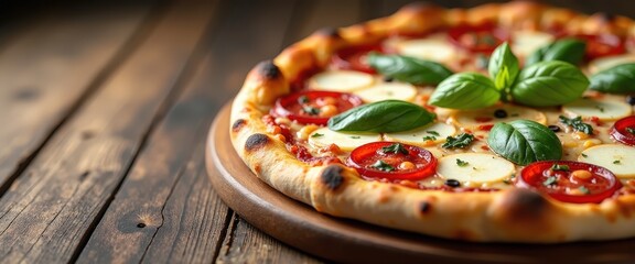 Delicious pizza with fresh toppings on a wooden table with ample copy space for restaurant promotions or food festival announcements.