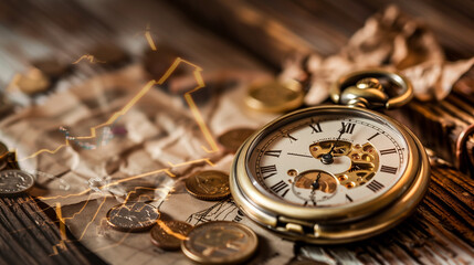 Vintage pocket watch on weathered wooden table with old coins and crumpled paper showing rising graph, symbolizing cost inflation and historical value.