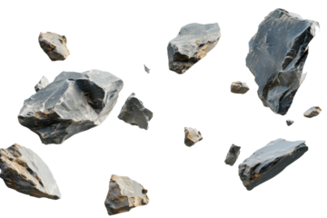 Rock fragments floating in the air on a transparent background