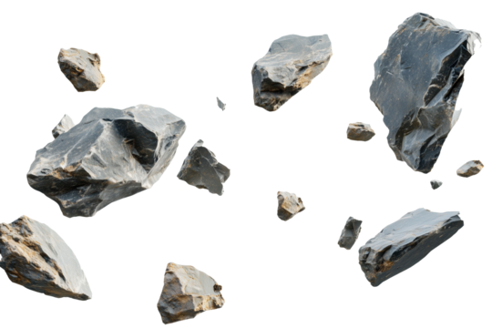 Rock fragments floating in the air on a transparent background