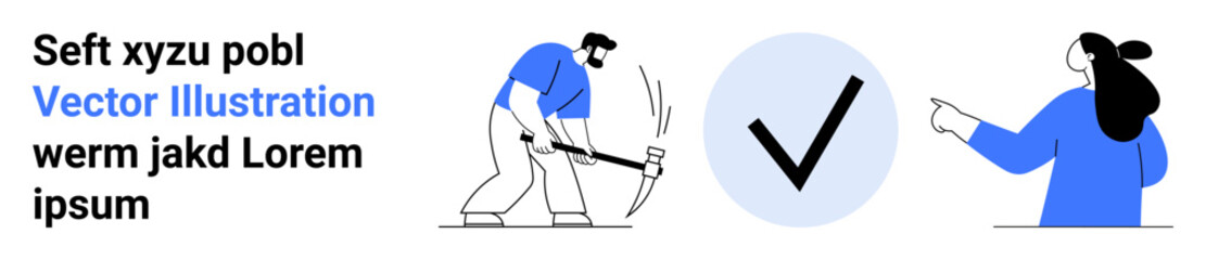 Worker with a pickaxe, a person pointing, large check mark in circle. Ideal for business, project completion, task management, teamwork, success achievement, work validation, motivational materials