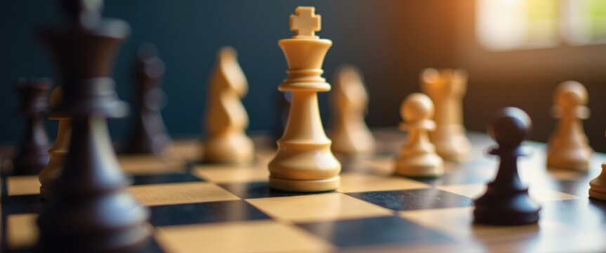 Close-up of a chessboard with pieces in mid-game and ample copy space for strategy workshop promotions or competitive event announcements.