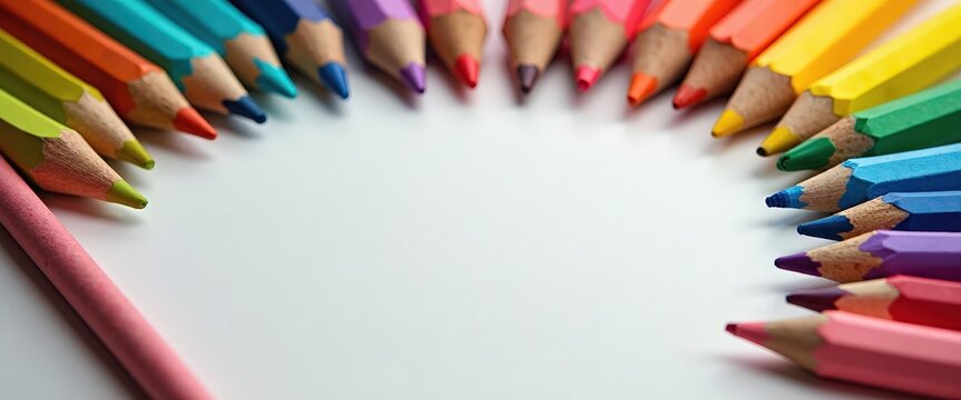 Colorful crayons and drawing paper on a table with ample copy space for children’s art class promotions or creative workshop invitations.