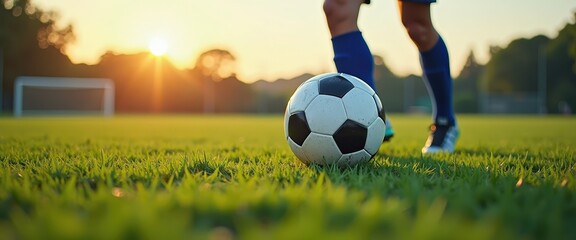 Soccer ball in motion on a green field with ample copy space for sports tournament promotions or game day event announcements.