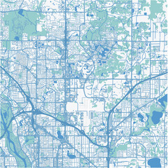 Map of Blaine in Minnesota in a professional blue style. Contains layered vector with roads water, parks, etc.