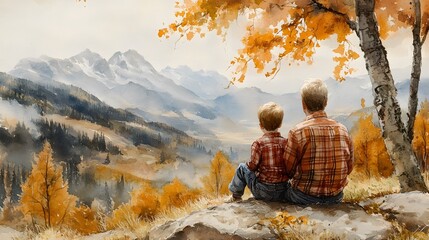 Father and son sitting together under a tree, painted in soft watercolor tones, bonding moment