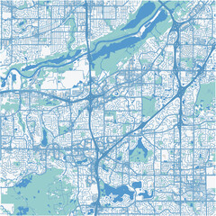 Map of Burnsville in Minnesota in a professional blue style. Contains layered vector with roads water, parks, etc.