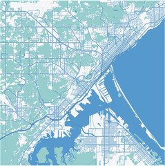 Map of Dulluth in Minnesota in a professional blue style. Contains layered vector with roads water, parks, etc.