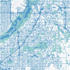 Map of Eagan in Minnesota in a professional blue style. Contains layered vector with roads water, parks, etc.