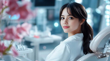 Banner illustrating a smiling character in a dental office with pink flowers and blue lights background