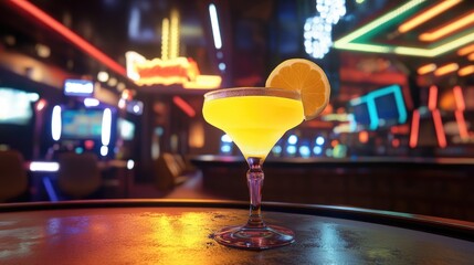 Bright yellow lemon margarita in a stylish glass, garnished with a lemon slice, set against a vibrant bar and gaming venue backdrop.