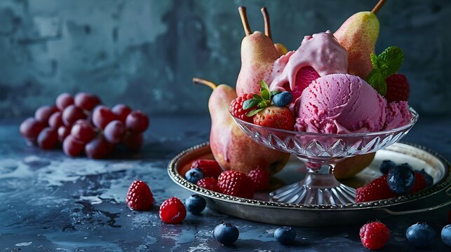 Ice cream scoops in the sundae cup and kulfa creamPear tray over pears Pink currant berry flavors strawberry and grape