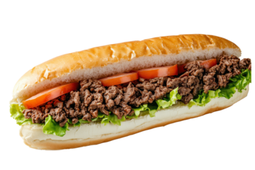 Long sub sandwich with beef, lettuce and tomato on transparent background